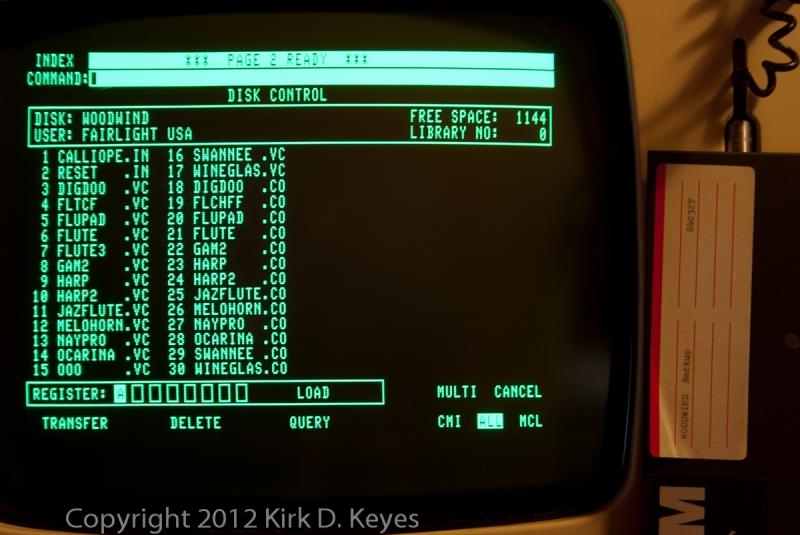 DISK LABEL: Woodwind Backup 840327, DISK: WOODWIND, USER: FAIRLIGHT USA