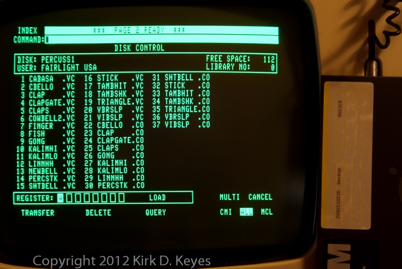 DISK LABEL: PERCUSSION Backup 840328, DISK: PERCUSS1, USER: FAIRLIGHT USA